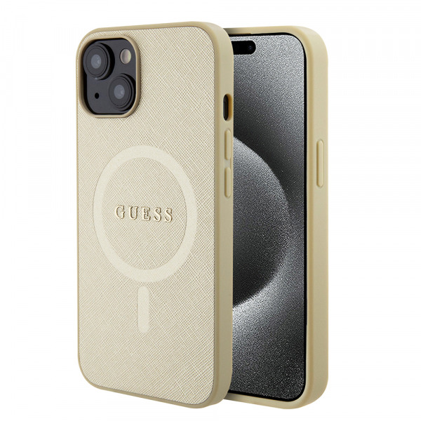 Husa MagSafe pentru Apple iPhone 15 Plus, Guess, Saffiano, Aurie