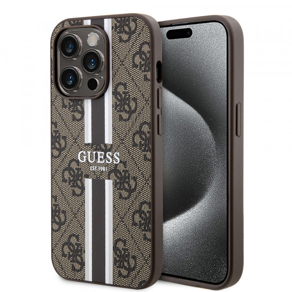Husa MagSafe pentru Apple iPhone 15 Pro, Guess, 4G Printed Stripes, Maro