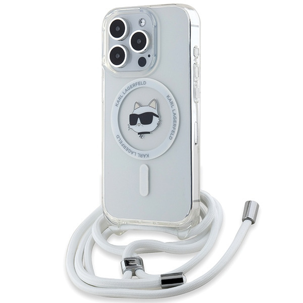 Husa MagSafe pentru Apple iPhone 15 Pro, Karl Lagerfeld, IML Crossbody Choupette's Head with Strap, Transparenta