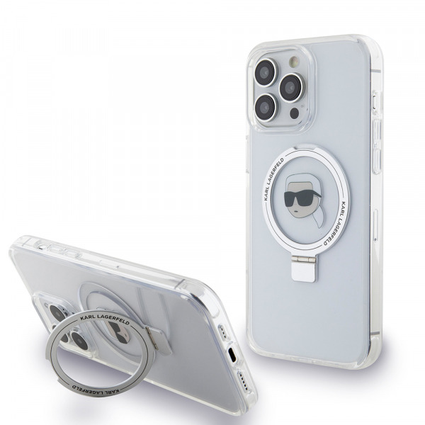 Husa MagSafe pentru Apple iPhone 15 Pro, Karl Lagerfeld, Ring Stand Karl's Head, Alba