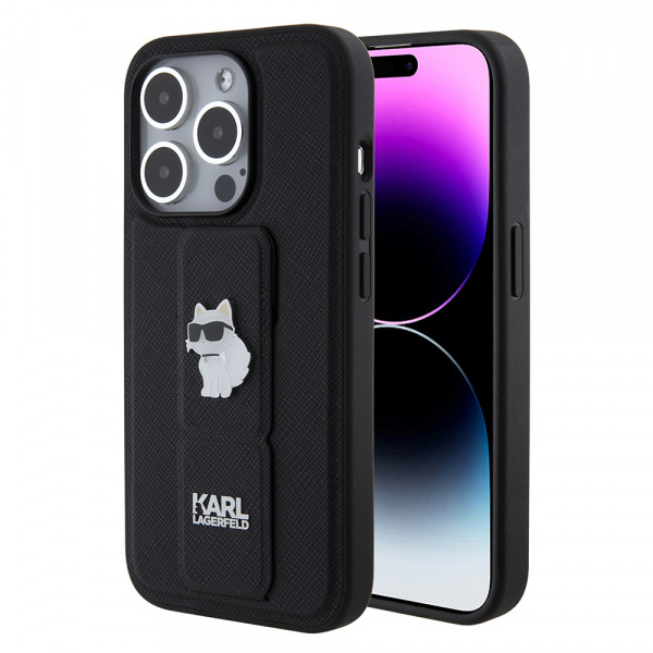 Husa MagSafe pentru Apple iPhone 15 Pro, Karl Lagerfeld, Saffiano Gripstand Choupette, Neagra