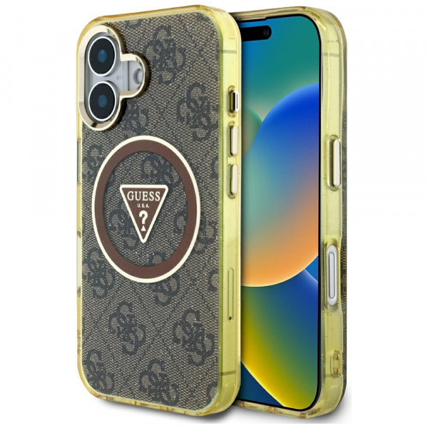 Husa MagSafe pentru Apple iPhone 16, Guess, IML Glitter 4G Circle Triangle, Maro