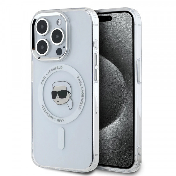 Husa MagSafe pentru Apple iPhone 16 Pro, Karl Lagerfeld, IML Metal Karl's Head, Alba