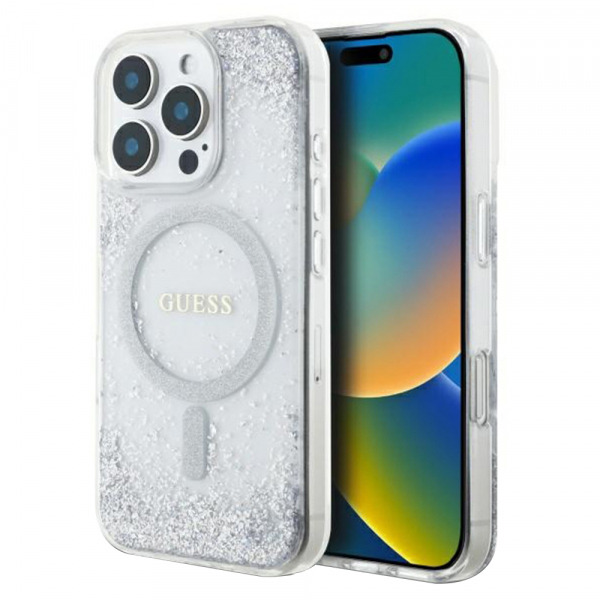 Husa MagSafe pentru Apple iPhone 16 Pro, Guess, IML Glitter Gradient, Argintie