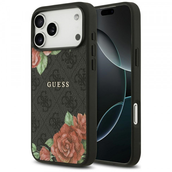 Husa MagSafe pentru Apple iPhone 18 Pro / 17 Pro, Guess, 4G Flowers Print, Neagra
