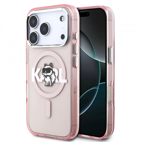 Husa MagSafe pentru Apple iPhone 18 Pro / 17 Pro, Karl Lagerfeld, IML Sketch Logo Choupette, Roz