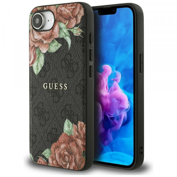 Husa MagSafe pentru Apple iPhone 17e / 16e, Guess, 4G Flowers Print, Neagra