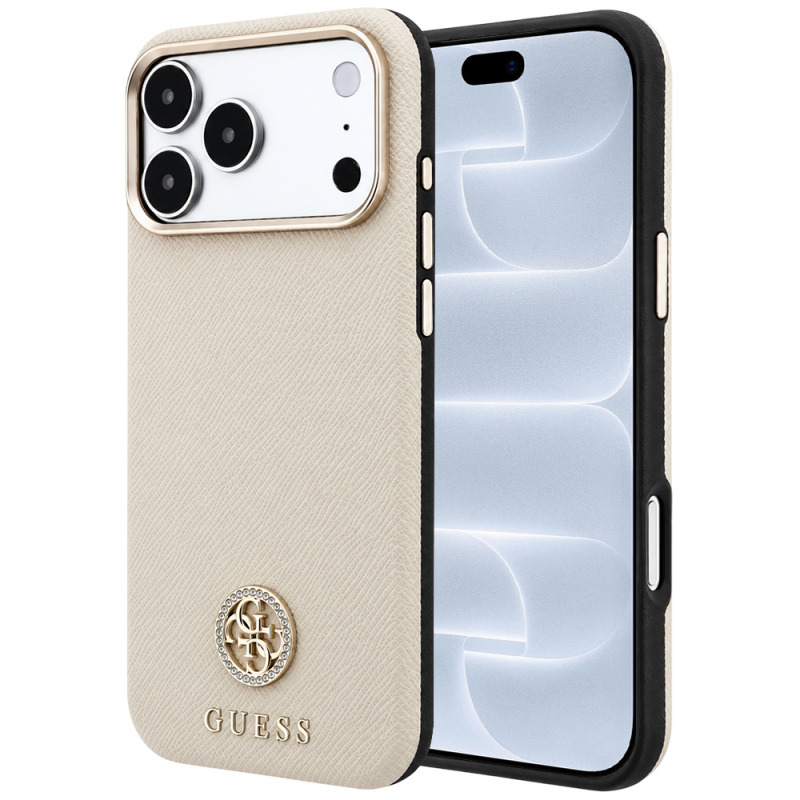 Husa MagSafe pentru Apple iPhone 18 Pro / 17 Pro, Guess, Grained Round Strass Logo, Bej