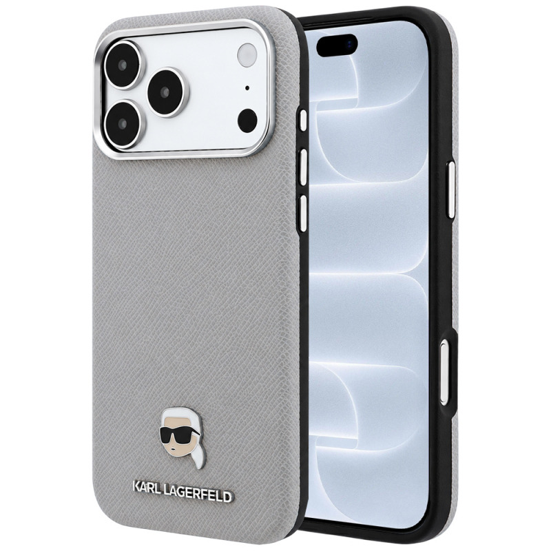 Husa MagSafe pentru Apple iPhone 18 Pro / 17 Pro, Karl Lagerfeld, Grained Karl Head's Metal, Gri