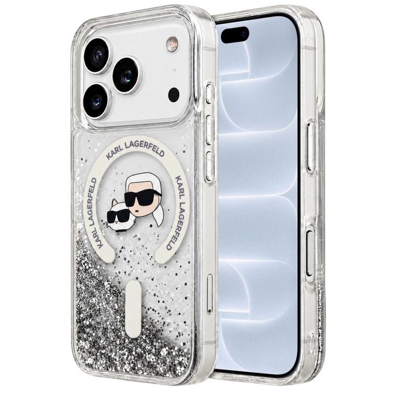 Husa MagSafe pentru Apple iPhone 18 Pro / 17 Pro, Karl Lagerfeld, Liquid Glitter Karl & Choupette Head's, Transparenta