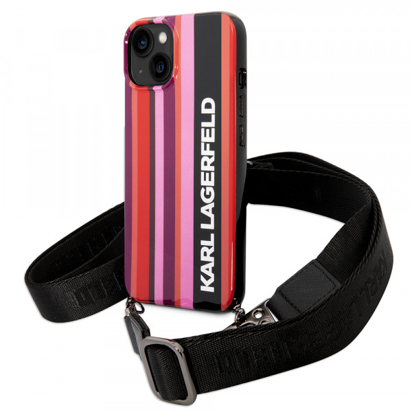 Husa pentru Apple iPhone 14, Karl Lagerfeld, Color Stripes with Strap, Roz