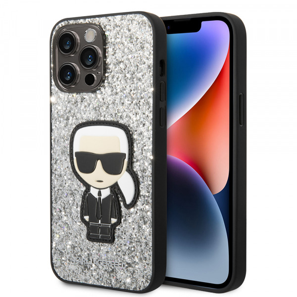 Husa pentru Apple iPhone 14 Pro Max, Karl Lagerfeld, Glitter Flakes Ikonik Karl, Argintie
