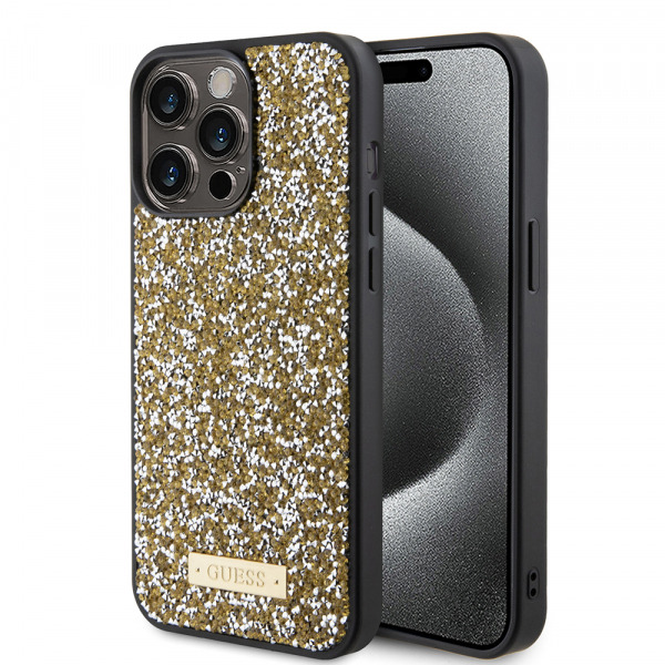 Husa pentru Apple iPhone 15 Pro, Guess, Rhinestone Metal Logo, Galbena
