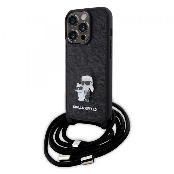 Husa pentru Apple iPhone 15 Pro, Karl Lagerfeld, Saffiano Crossbody Metal Pin Karl & Choupette, Neagra