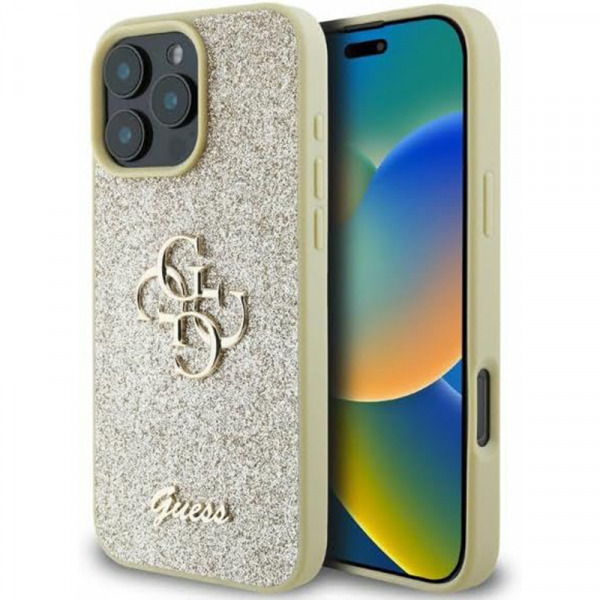 Husa pentru Apple iPhone 16 Pro, Guess, Fixed Glitter Big 4G, Aurie
