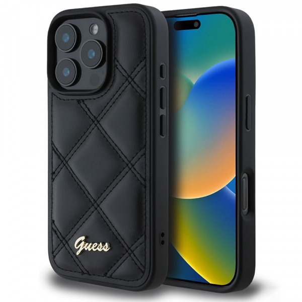 Husa pentru Apple iPhone 16 Pro, Guess, Quilted Metal Logo, Neagra