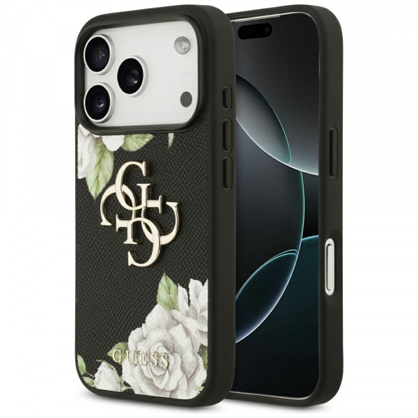 Husa pentru Apple iPhone 18 Pro / 17 Pro, Guess, 4G Grained Roses Big Logo, Neagra