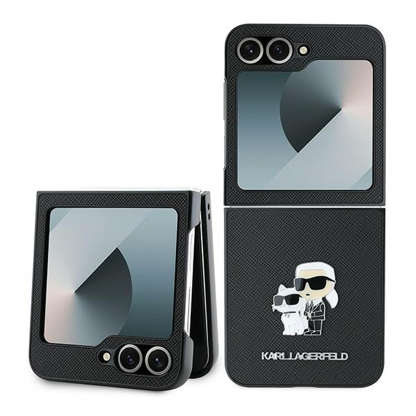 Husa pentru Samsung Galaxy Z Flip7 FE F761 / Z Flip6 F741, Karl Lagerfeld, Saffiano Karl & Choupette Metal, Neagra