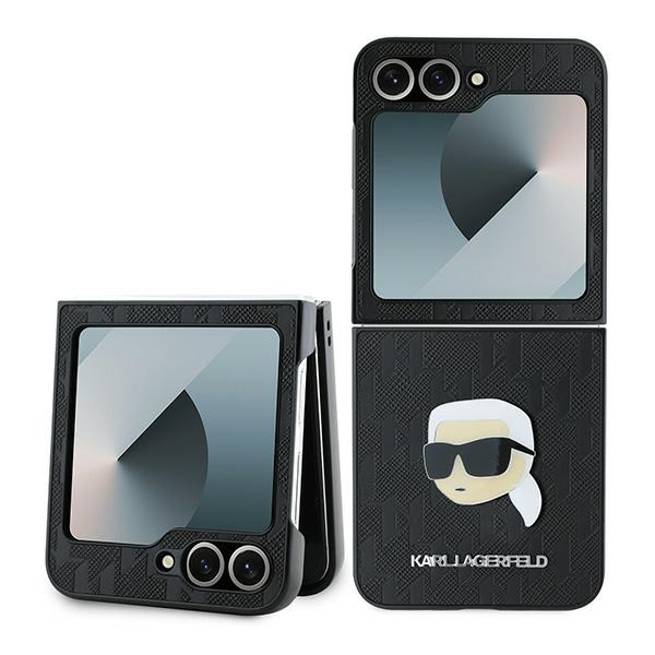 Husa pentru Samsung Galaxy Z Flip7 FE F761 / Z Flip6 F741, Karl Lagerfeld, Saffiano Monogram Karl's Head Metal, Neagra