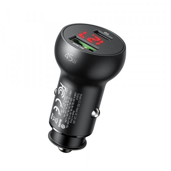 Incarcator Auto McDodo CC-7030 Display, 45W, 5A, 1 x USB-A - 1 x USB-C, Negru