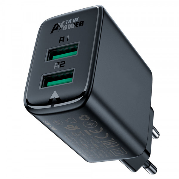 Incarcator Retea Acefast A33, 18W, 3A, 2 x USB-A, Negru