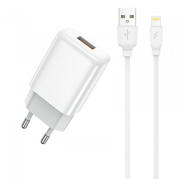 Incarcator Retea Cu Cablu Lightning Prestico F9S, 12W, 2.4A, 1 x USB-A, Alb