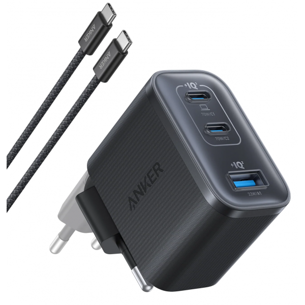 Incarcator Retea Cu Cablu USB-C Anker Nano, 70W, 3.5A, 1 x USB-A - 2 x USB-C, Gri B121A311