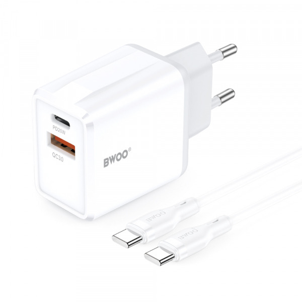 Incarcator Retea Cu Cablu USB-C BWOO CDA182, 38W, 3A, 1 x USB-A - 1 x USB-C, Alb