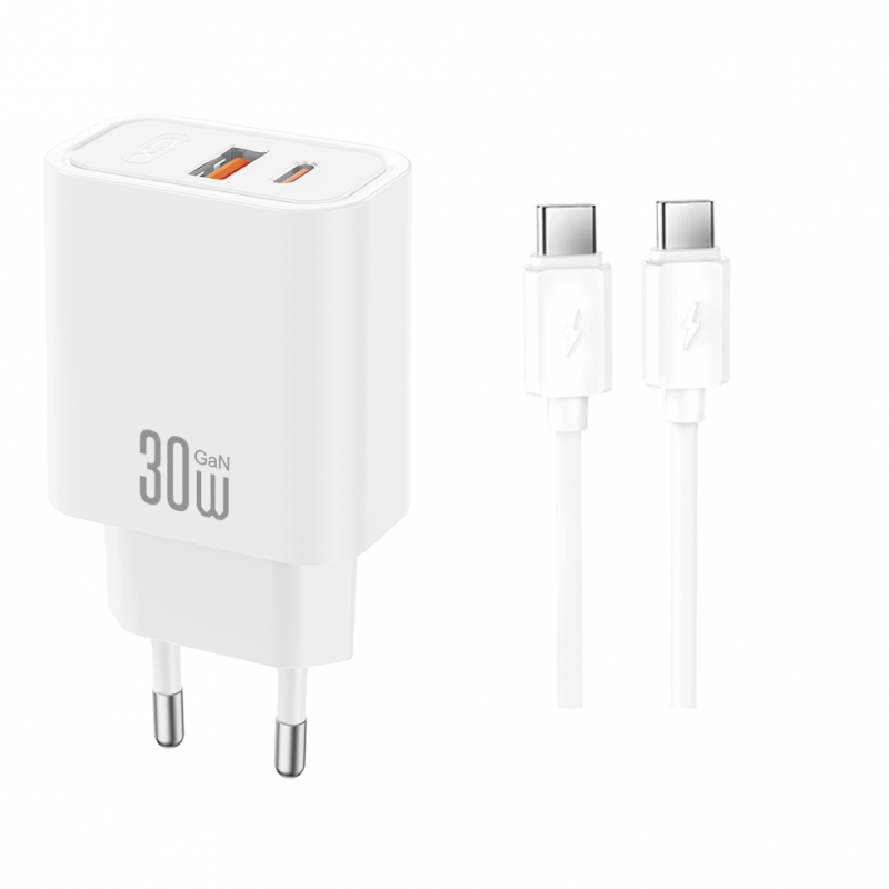 Incarcator Retea Cu Cablu USB-C XO Design CE42, 30W, 3A, 1 x USB-A - 1 x USB-C, Alb