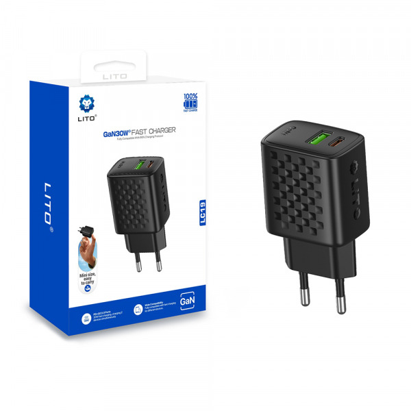 Incarcator Retea Lito LC19, 30W, 3A, 1 x USB-A - 1 x USB-C, Negru