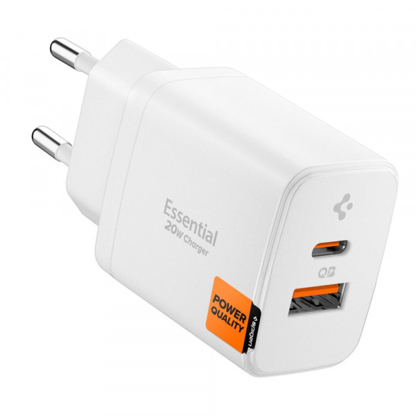 Incarcator Retea Spigen Essential, 20W, 3A, 1 x USB-A - 1 x USB-C, Alb ACH08704