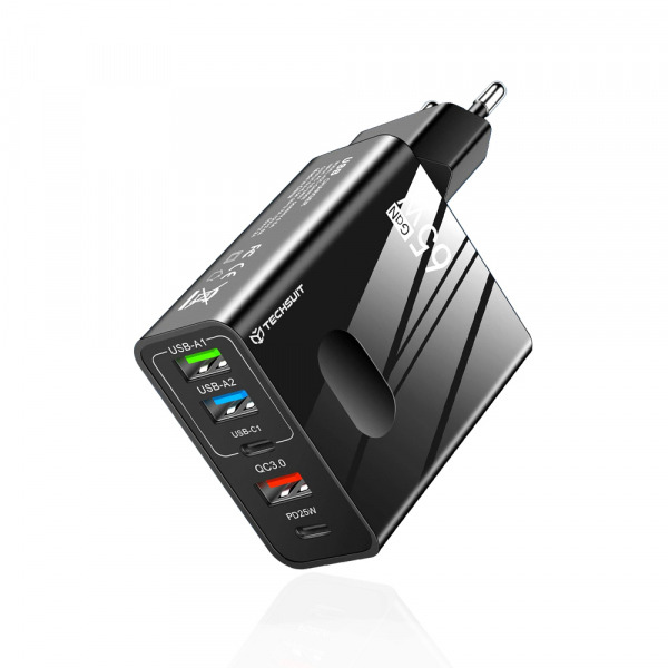 Incarcator Retea Techsuit CHC1 PentaXPower, 25W, 3A, 3 x USB-A - 2 x USB-C, Negru