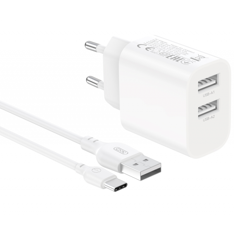 Incarcator Retea Cu Cablu USB-C XO Design CE55, 12W, 2.4A, 2 x USB-A, Alb